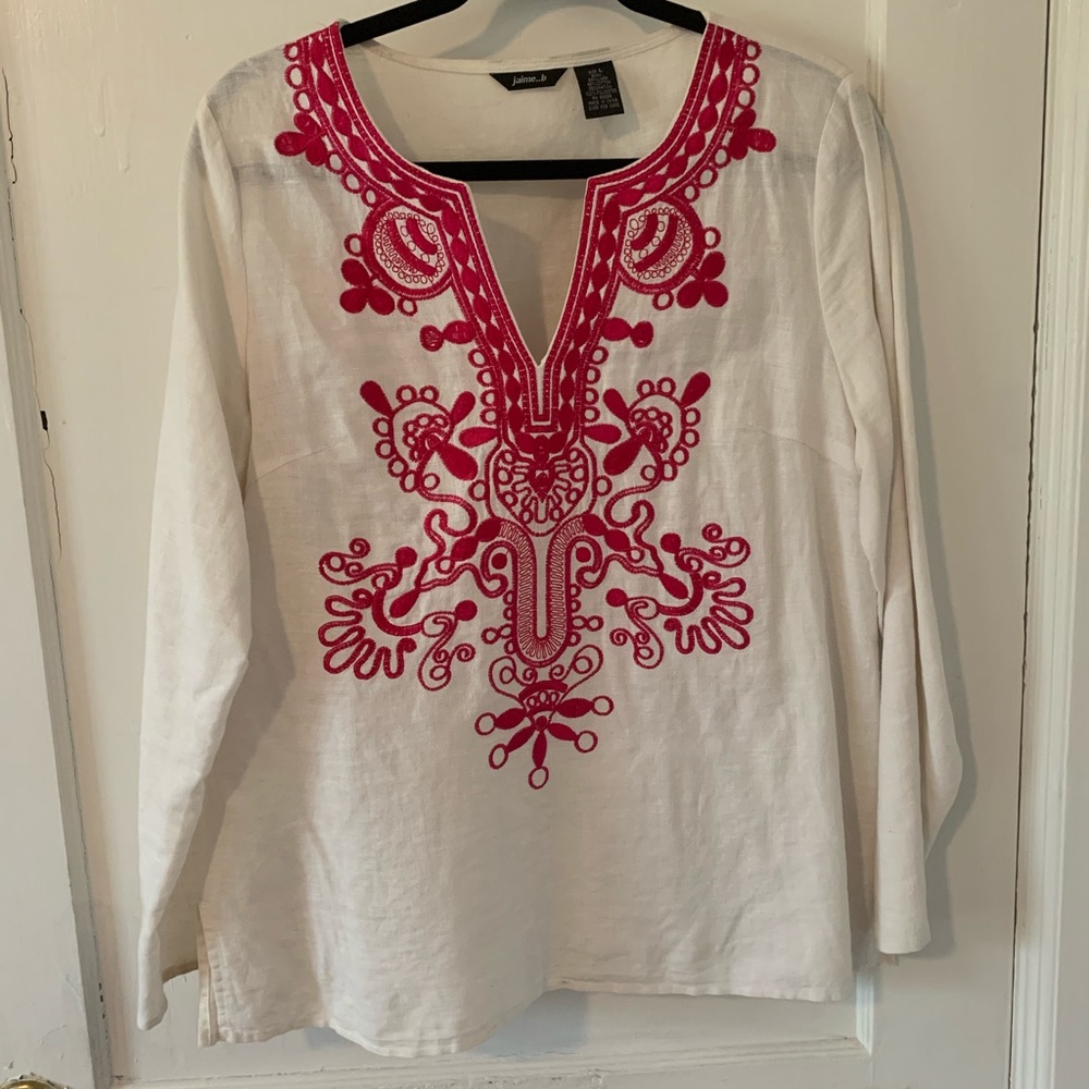 Jaime..b white cotton and linen tunic top with pink embroidery. Size large.